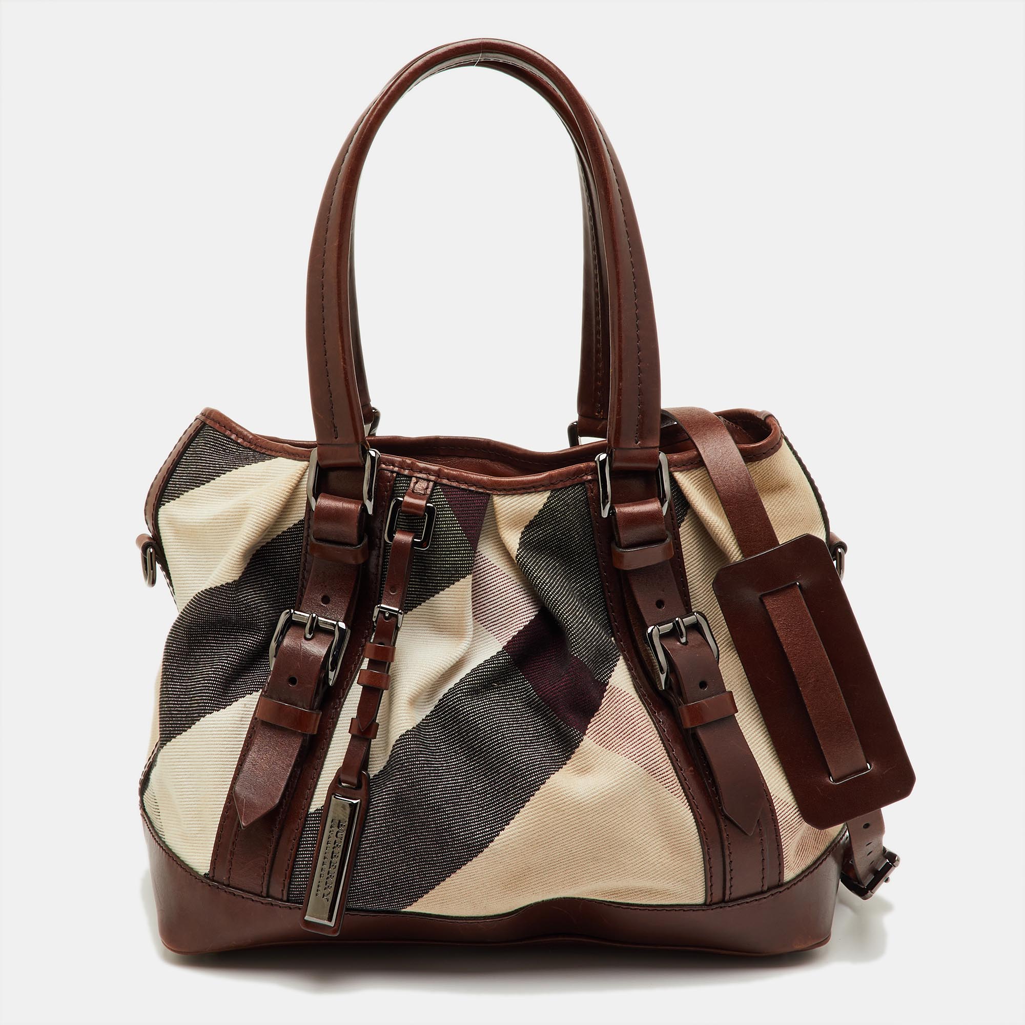 Pre-owned Burberry Brown/beige Mega Check Canvas And Leather Lowry Tote
