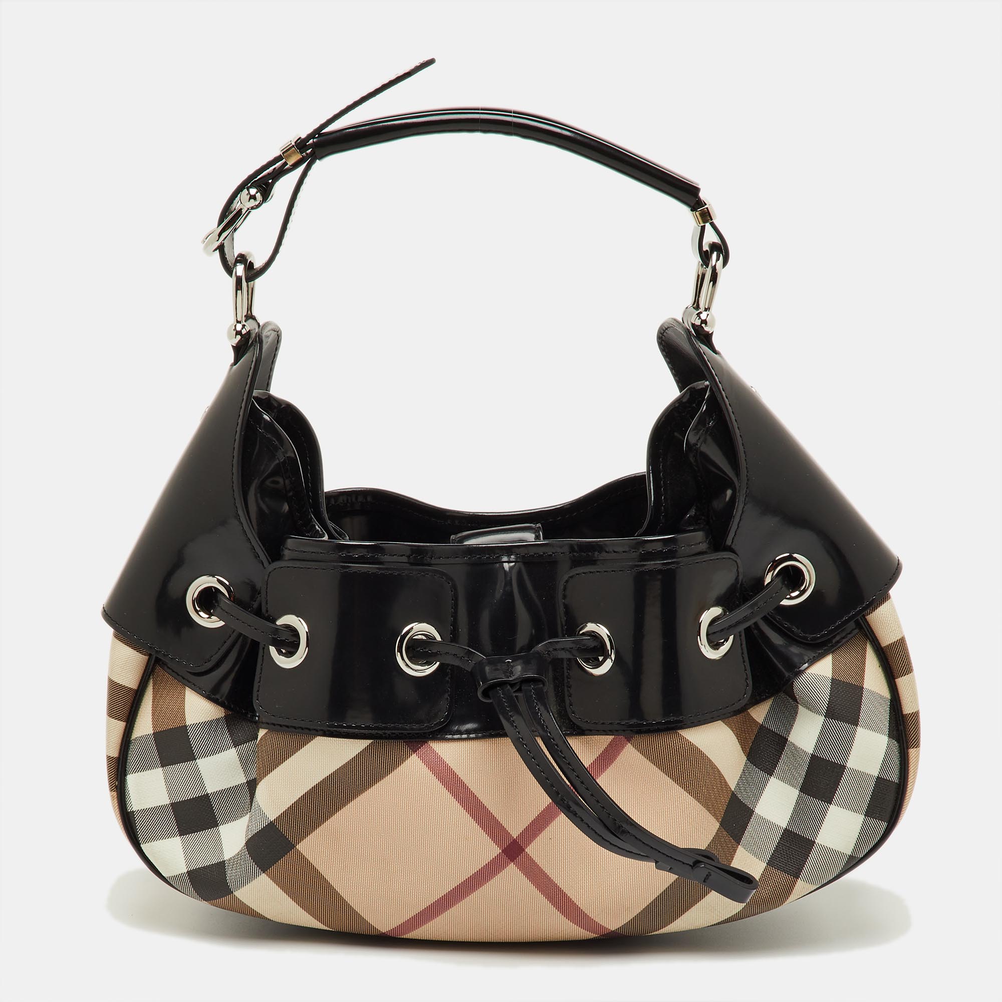 

Burberry Beige/Black Nova Check PVC and Patent Leather Warrior Hobo