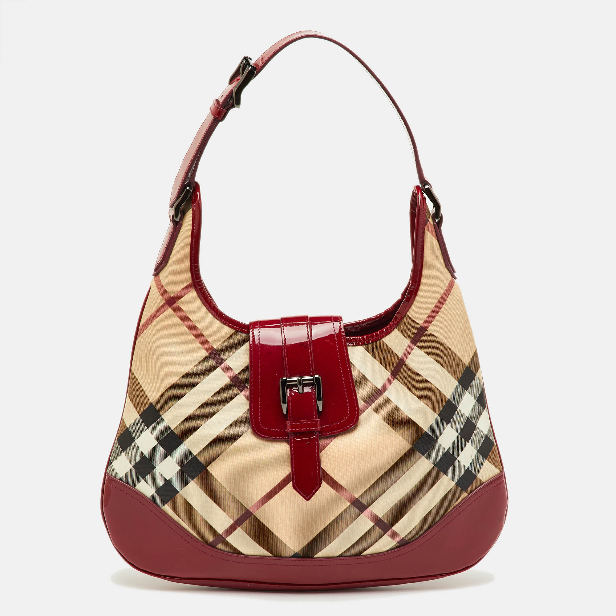

Burberry Beige/Burgundy Nova Check PVC and Patent Leather Brooke Hobo