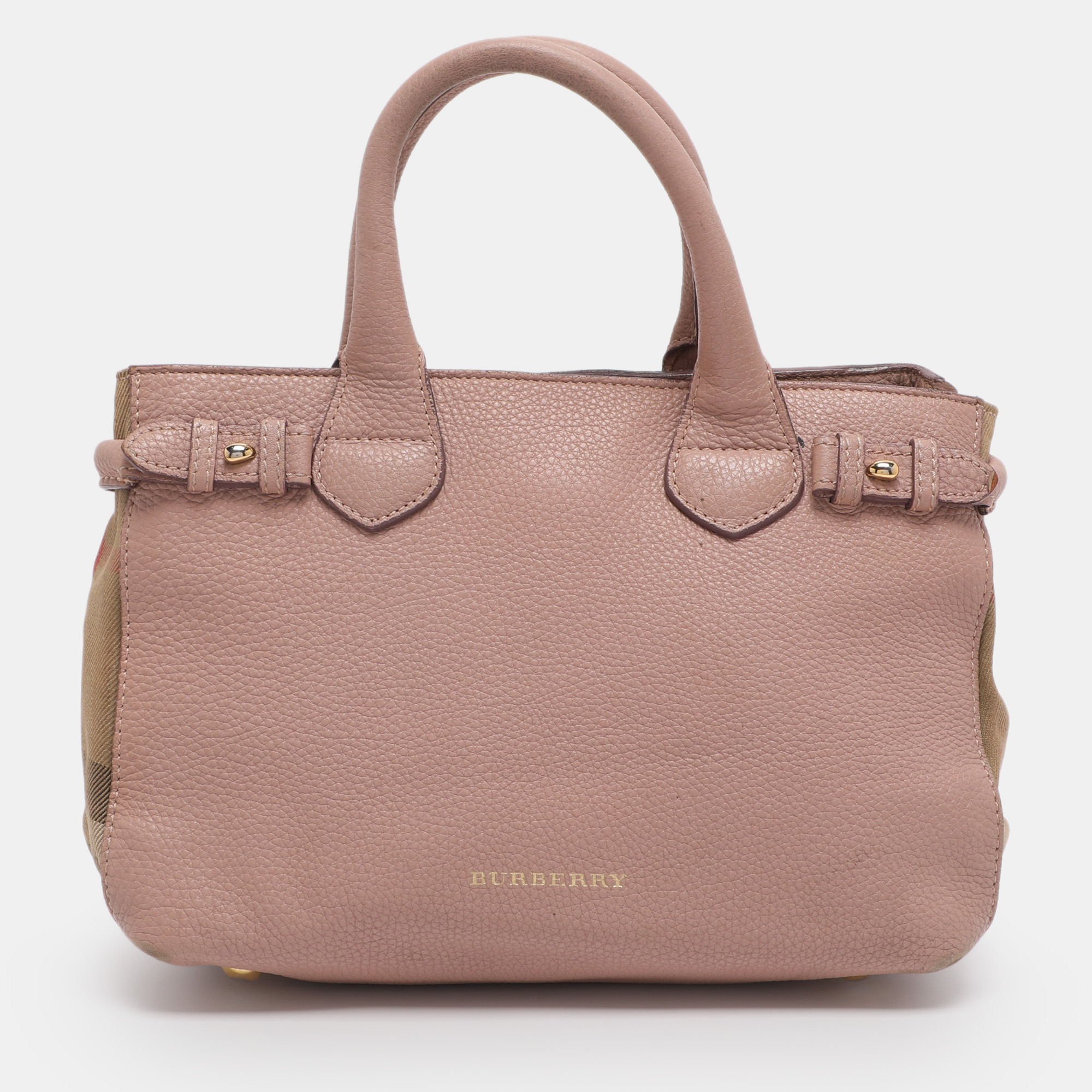 Pre-owned Burberry Banner Small Pink/beige Leather And House Check Canvas Tote