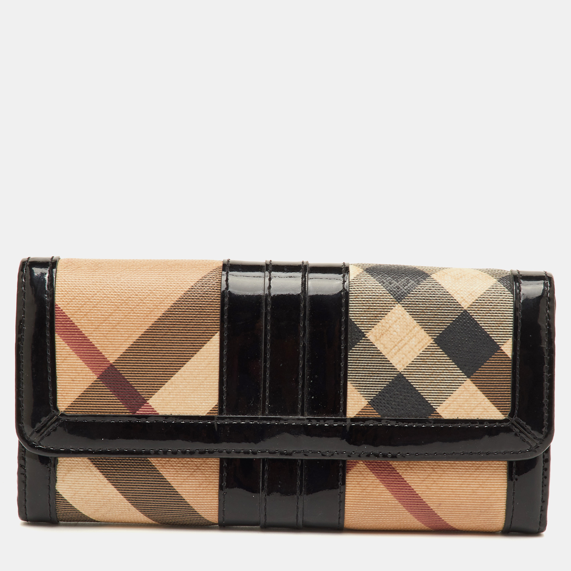 Pre-owned Burberry Beige/black Nova Check Pvc And Patent Leather Flap Continental Wallet In Sand