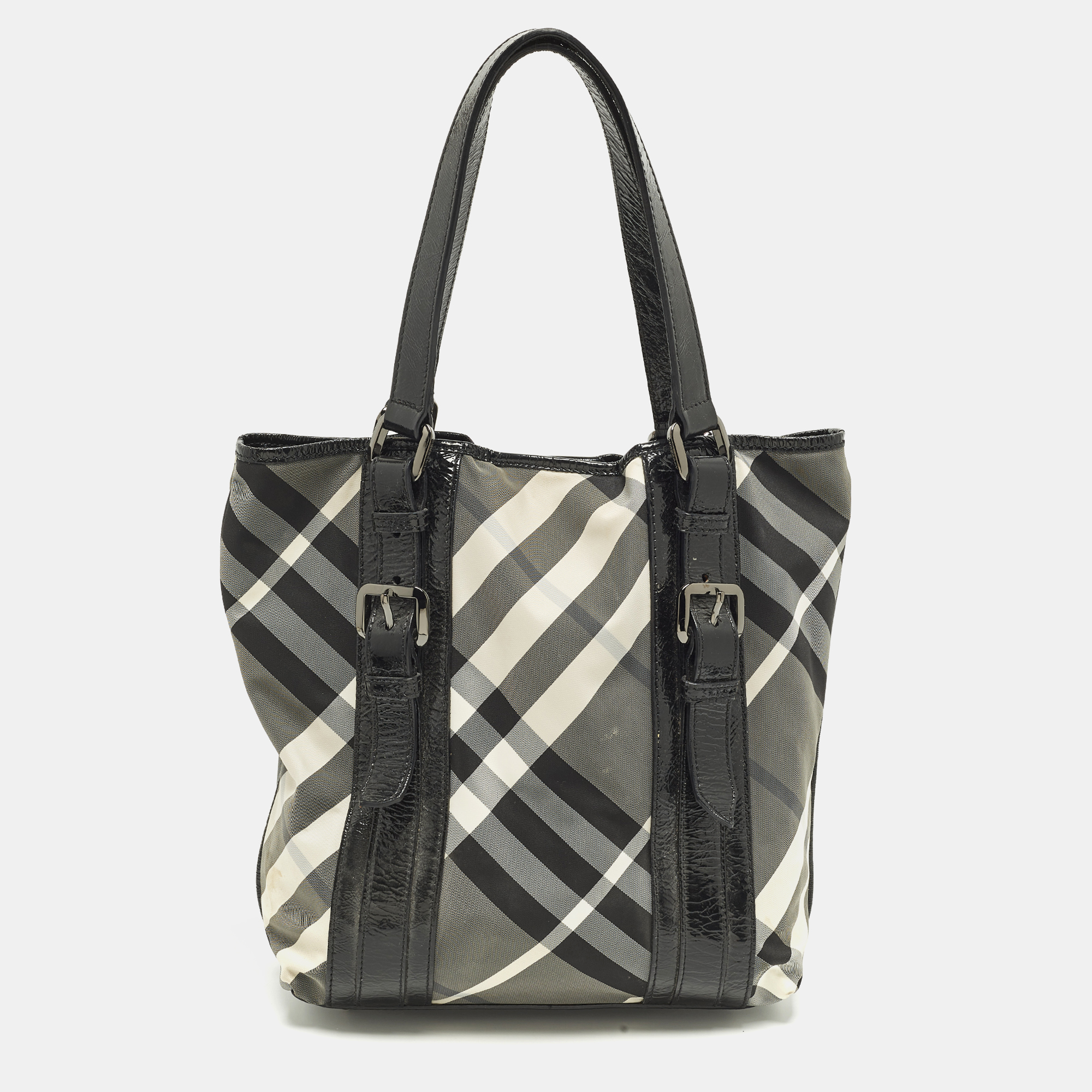 

Burberry Black/Grey Beat Check Nylon and Patent Leather Tote