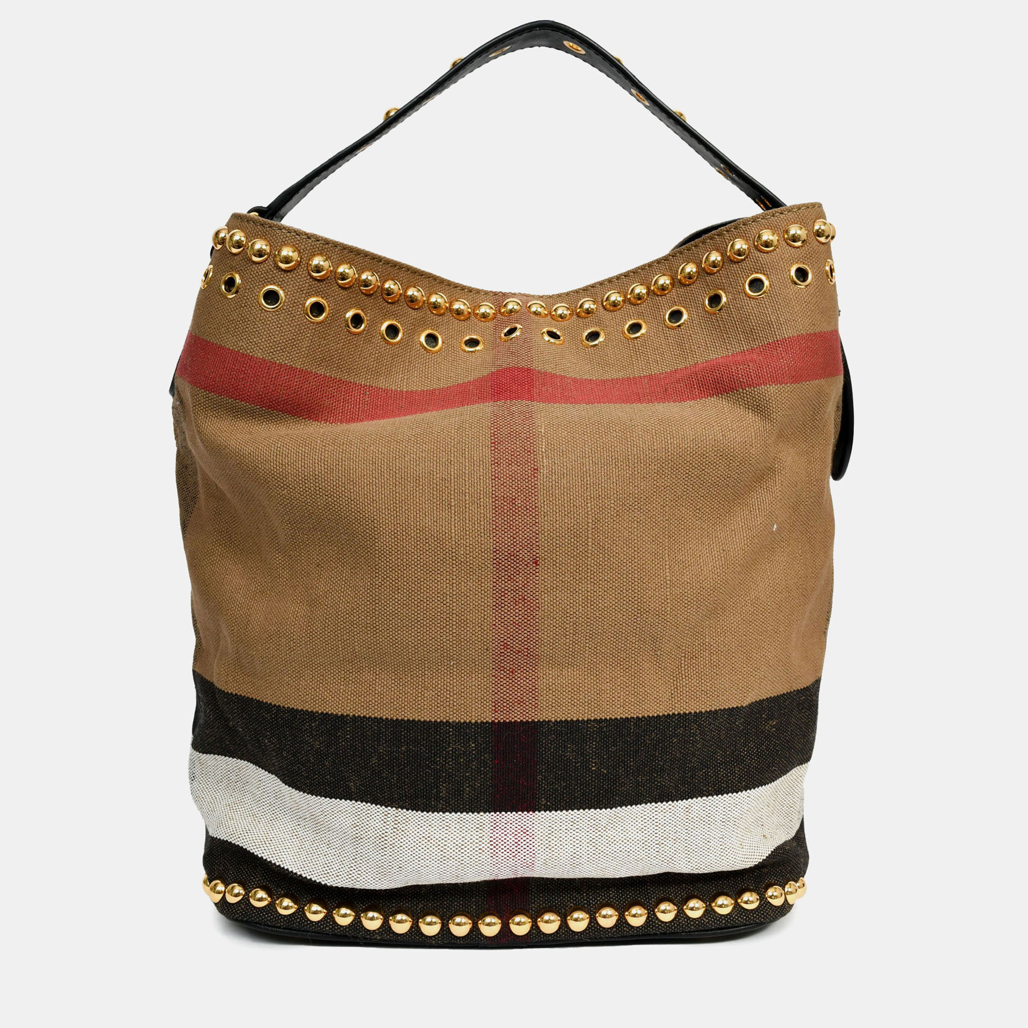 

Burberry Brown/Black Linen/Leather Novacheck Studded Hobo Bag, Multicolor