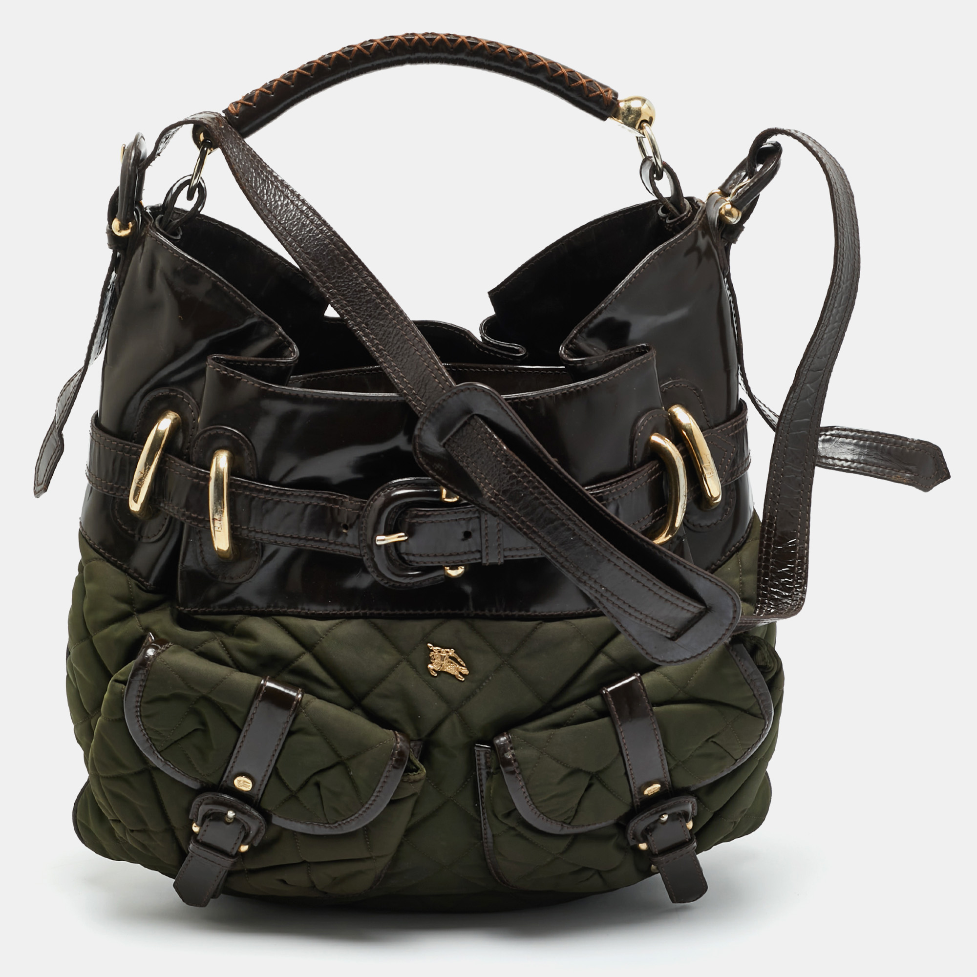 

Burberry Bromley Brown/Khaki Quilted Nylon and Patent Leather Hobo