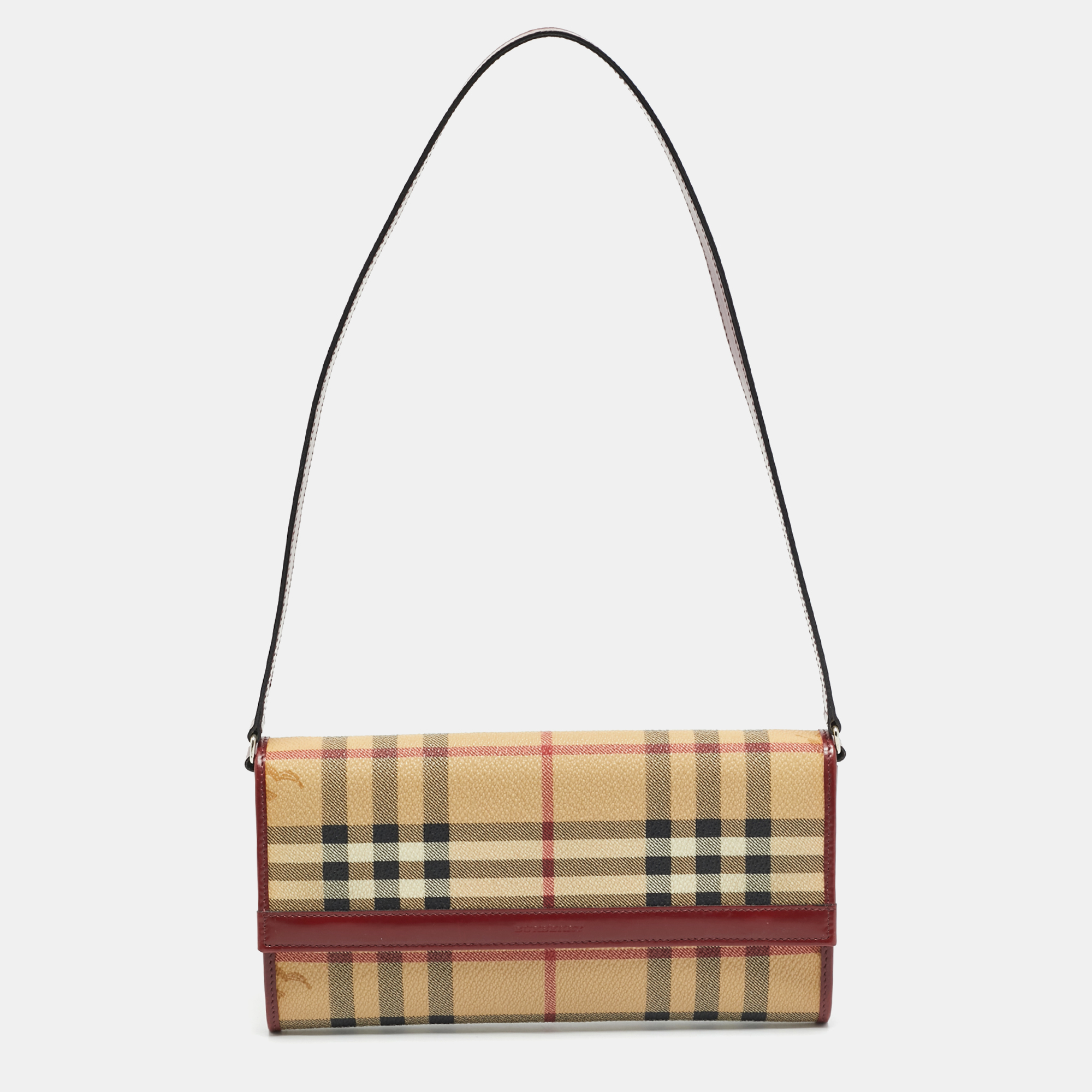 

Burberry Red/Beige Haymarket Coated Canvas and Leather Clutch Bag
