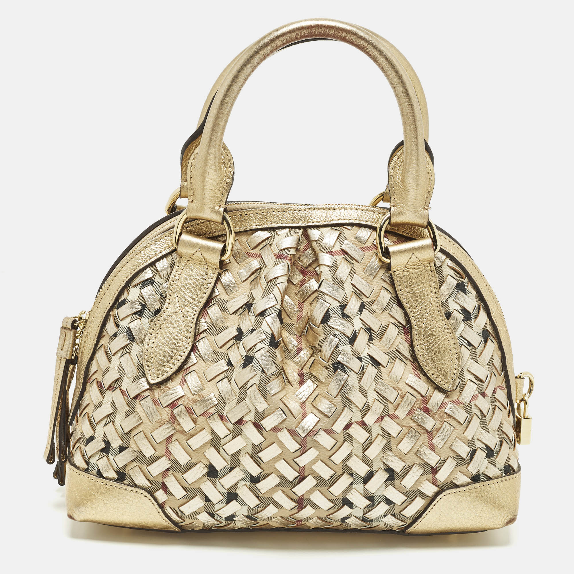 

Burberry Thornley Small Gold Woven Haymarket Check PVC and Leather Satchel