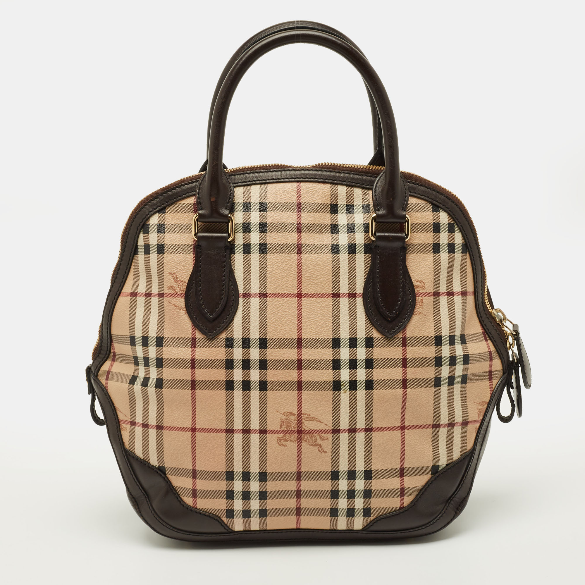 

Burberry Orchard Dark Brown/Beige Coated Canvas Haymarket Check Bowler Bag