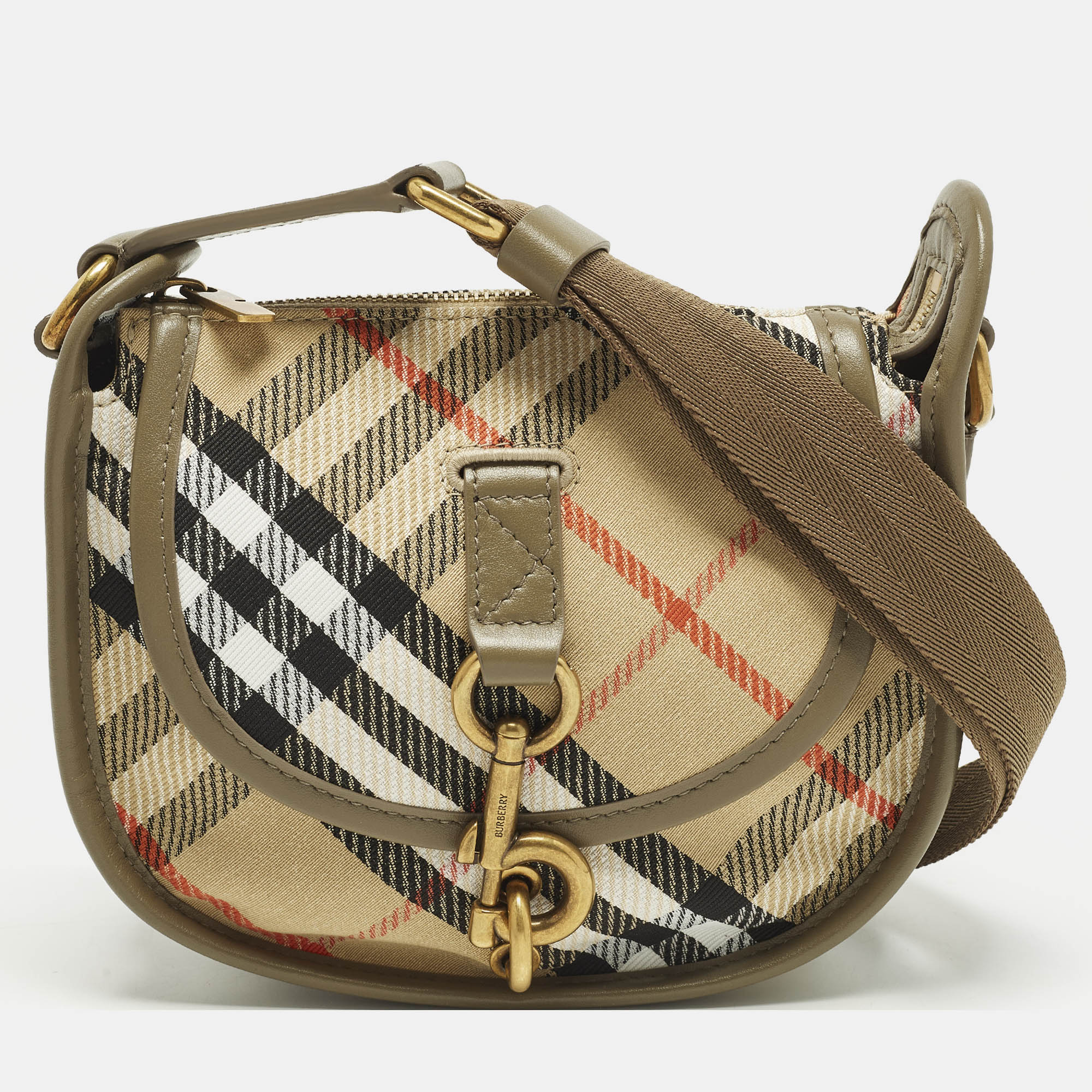 

Burberry B Clip Mini Khaki Heritage Check Canvas Messenger Bag, Green