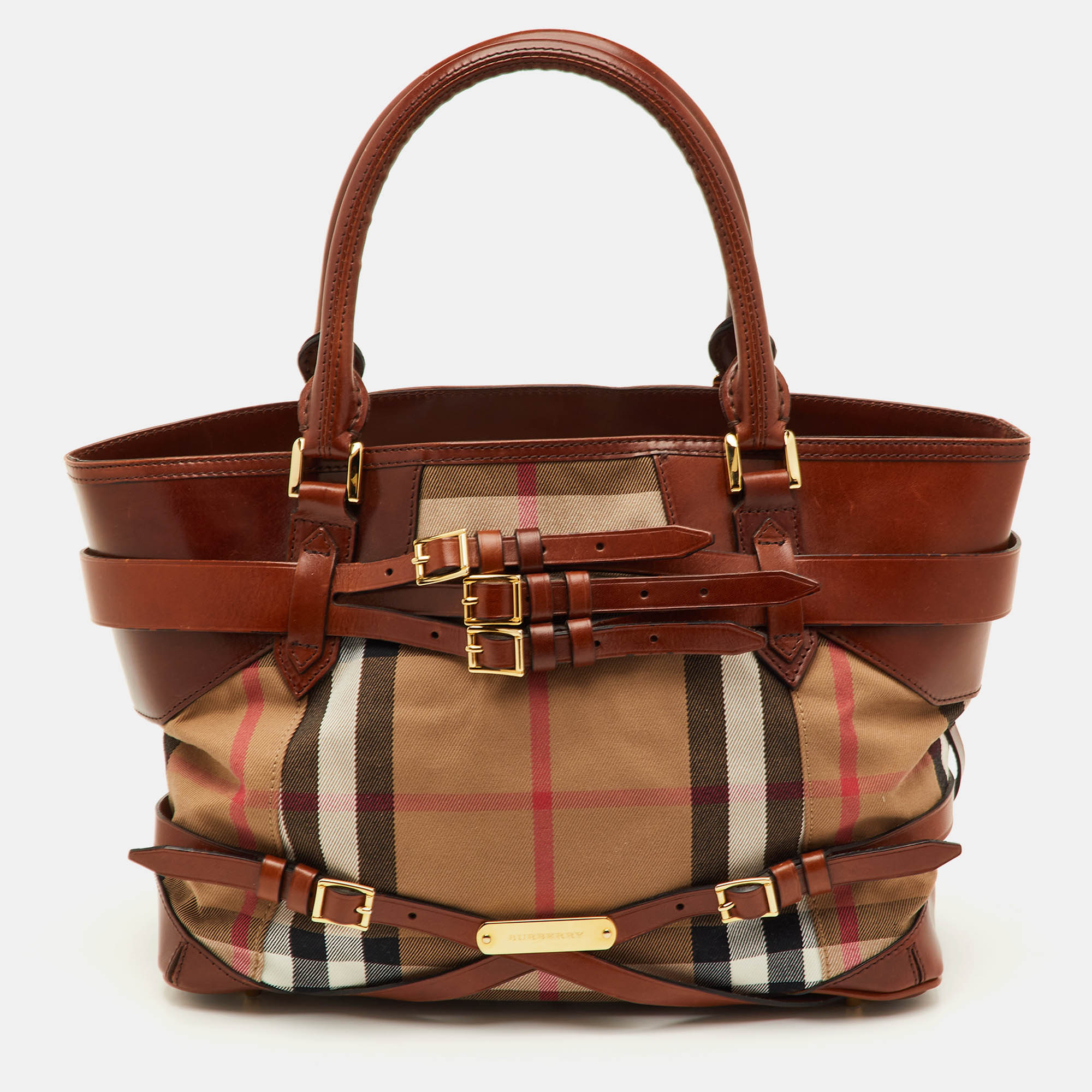 

Burberry Bridle Lynher Brown House Check Fabric and Leather Tote