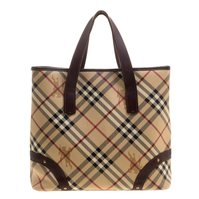 Pre Owned Burberry Beige/Brown Haymarket Check Canvas and Leather Tote