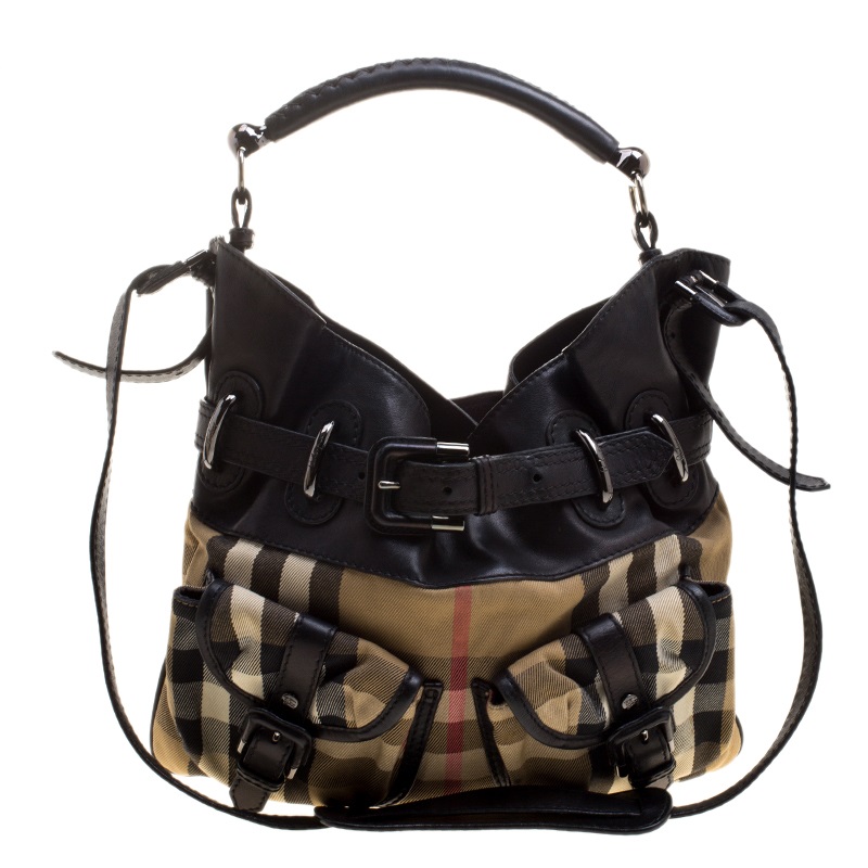 Pre Owned Burberry Black House Check Fabric and Leather Front Pocket Hobo