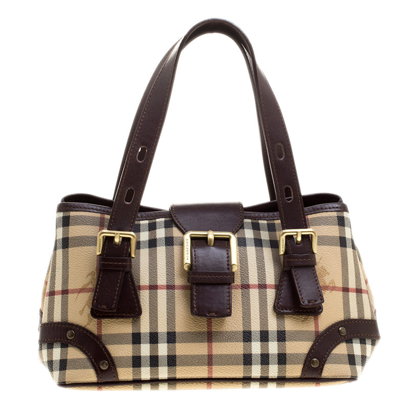 Pre Owned Burberry Beige/Brown Haymarket PVC Satchel