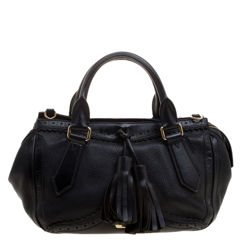 Pre Owned Burberry Black Leather Logos Fringe 2 Way Hand Shoulder Tote