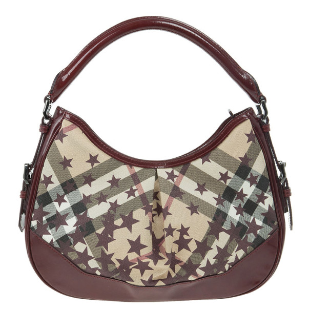 Pre Owned Burberry Nova Check Berry Red Star Small Hernville Hobo