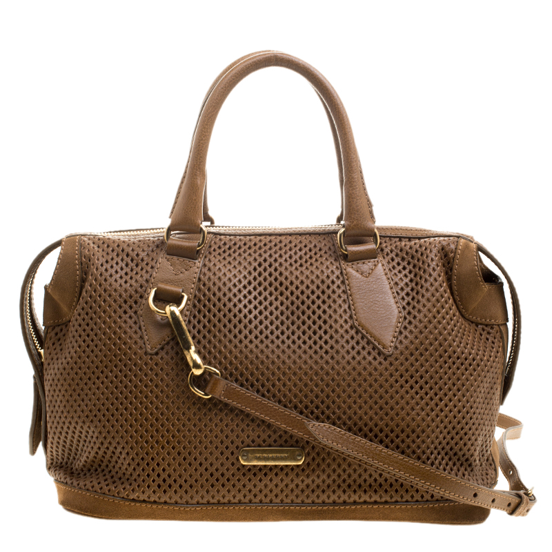 Pre Owned Burberry Brown Perforated Leather Medium Gilmore Satchel