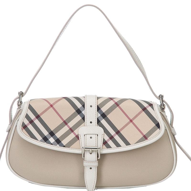 Pre Owned Burberry Two Tone Plaid Nylon Shoulder Bag