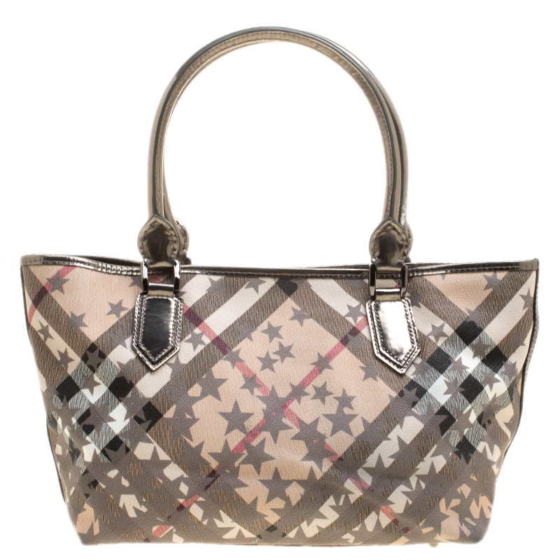 Pre Owned Burberry Beige/Grey Nova Check Vinyl Nickie Stars Tote