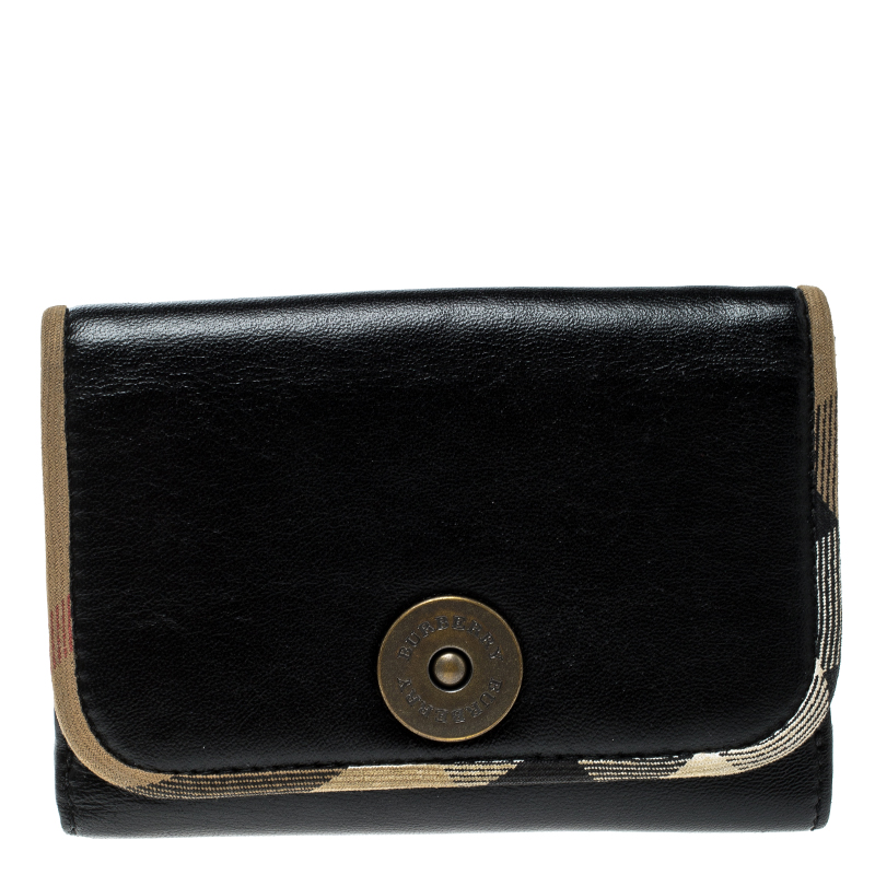 Pre Owned Burberry Black Leather and Fabric Trim Wallet