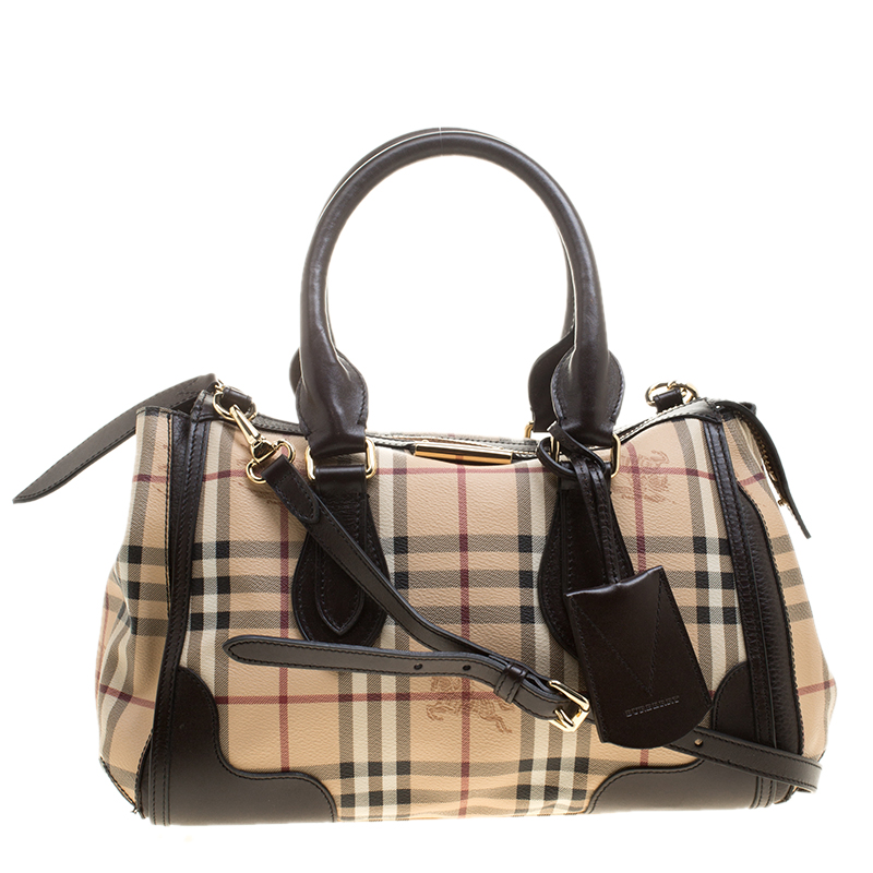 Pre Owned Burberry Beige/Brown Haymarket Check PVC and Leather Gladstone Bowling Bag