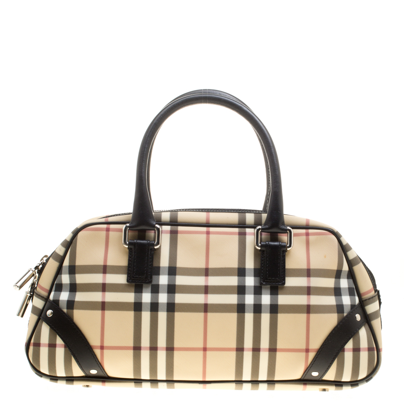 Pre Owned Burberry Beige/Black Nova Check PVC and Leather Satchel