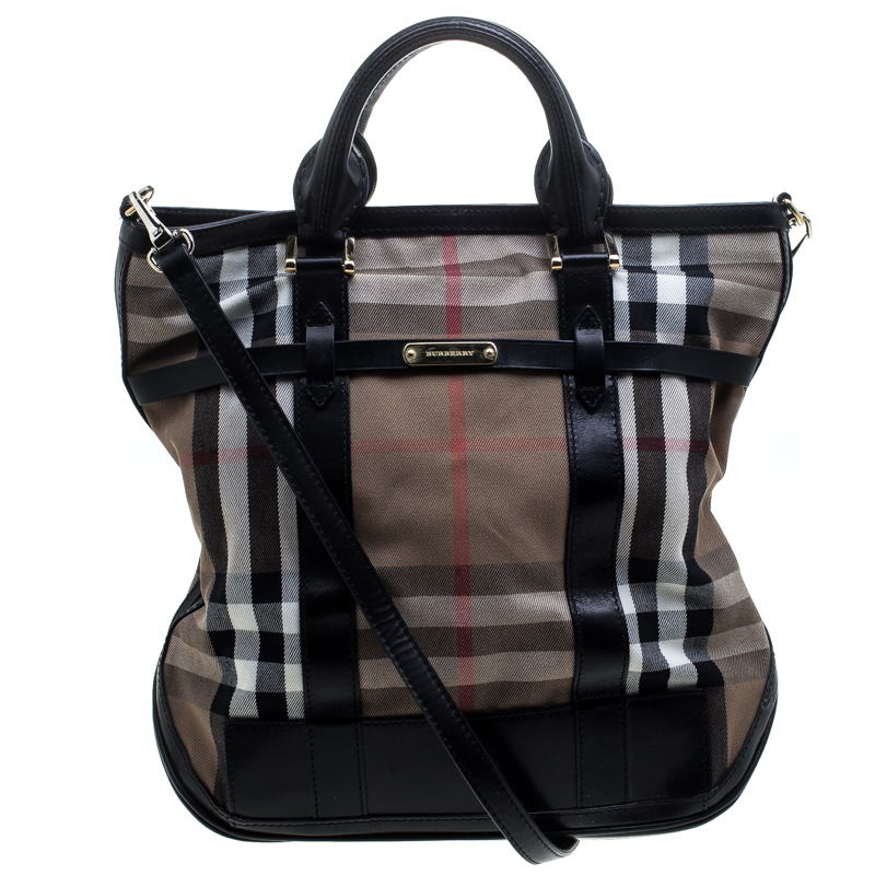 Pre Owned Burberry Beige/Black House Check Canvas and Leather Tote
