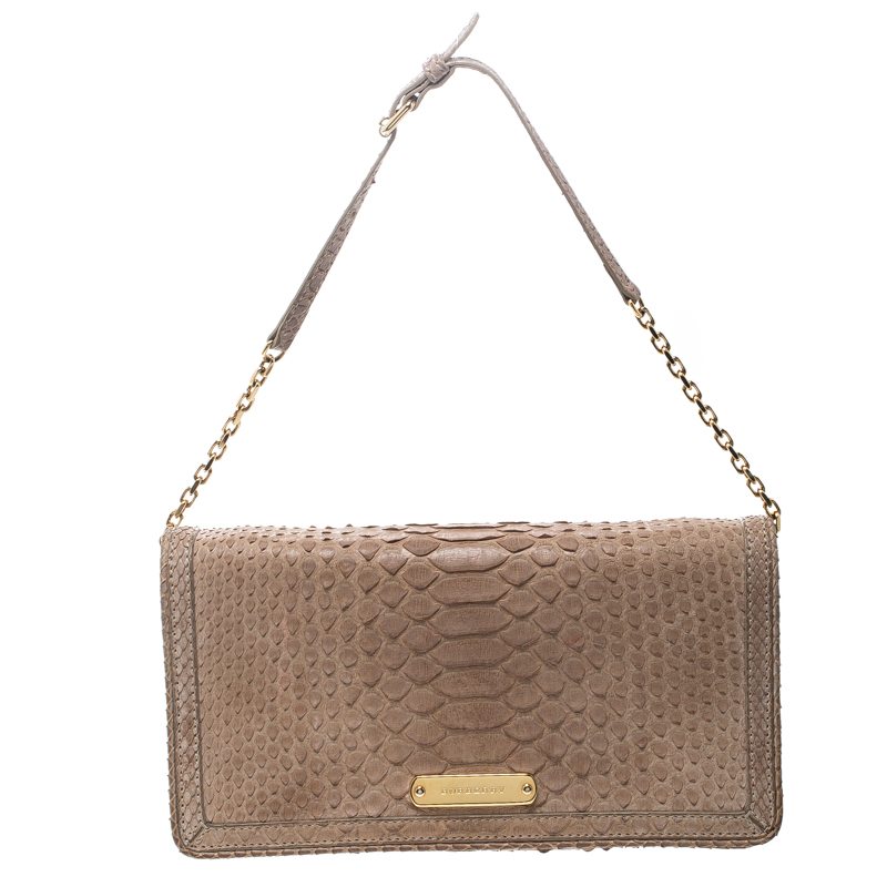 Pre Owned Burberry Dusty Pink Python Leather Clutch Shoulder Bag