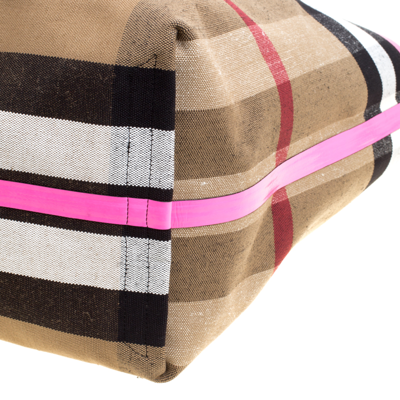 Burberry Black/Neon Pink Canvas And Leather XL Reversible Tote