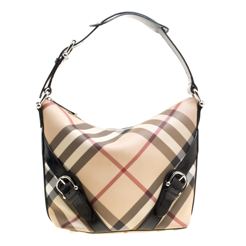 Pre Owned Burberry Beige/Black Nova Check PVC and Leather Hobo
