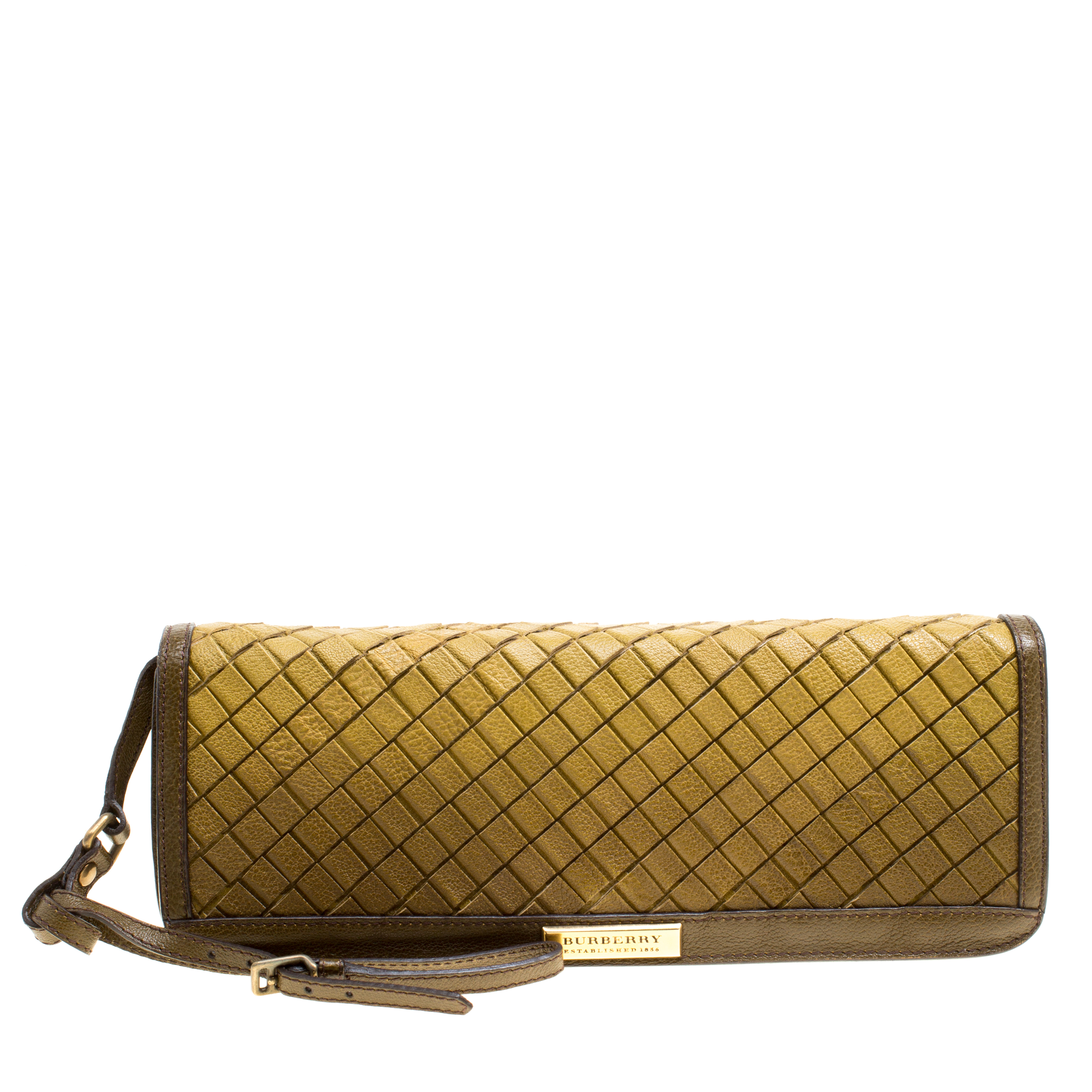 Pre Owned Burberry Yellow/Khaki Ombre Woven Pattern Leather Wristlet Clutch
