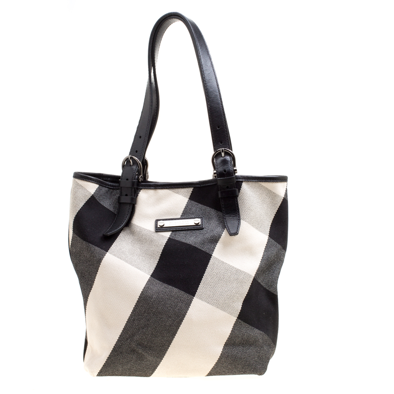 Pre Owned Burberry Black Mega Check Canvas and Leather Tote