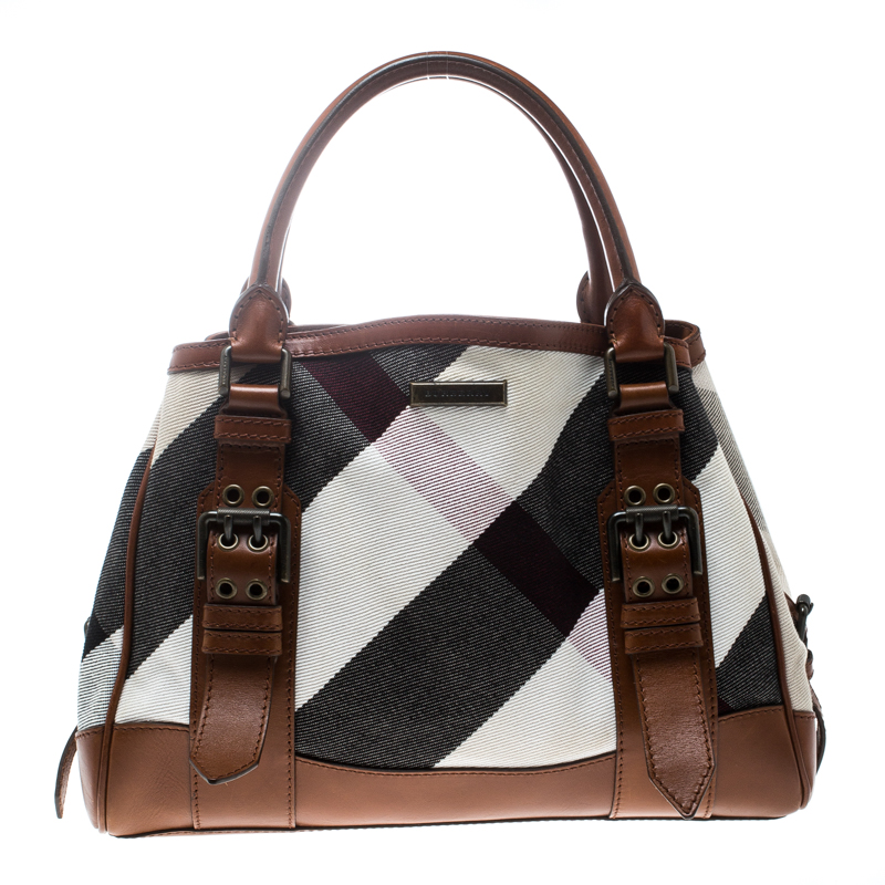 Pre Owned Burberry Multicolor/Brown Canvas and Leather Mega Check Tote