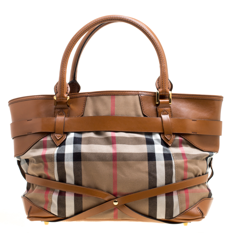 Burberry Brown House Check Canvas and Leather Medium Bridle Lynher Tote ...