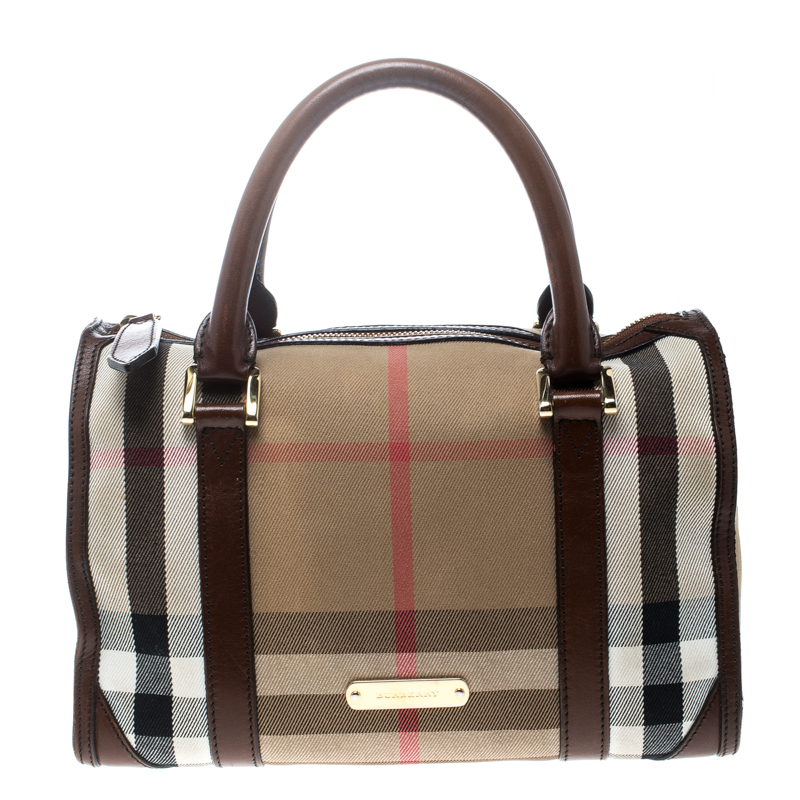 Pre Owned حقيبة بربري بوسطن جلد وكانفاس كاروهات هاوس بنية/ بيج