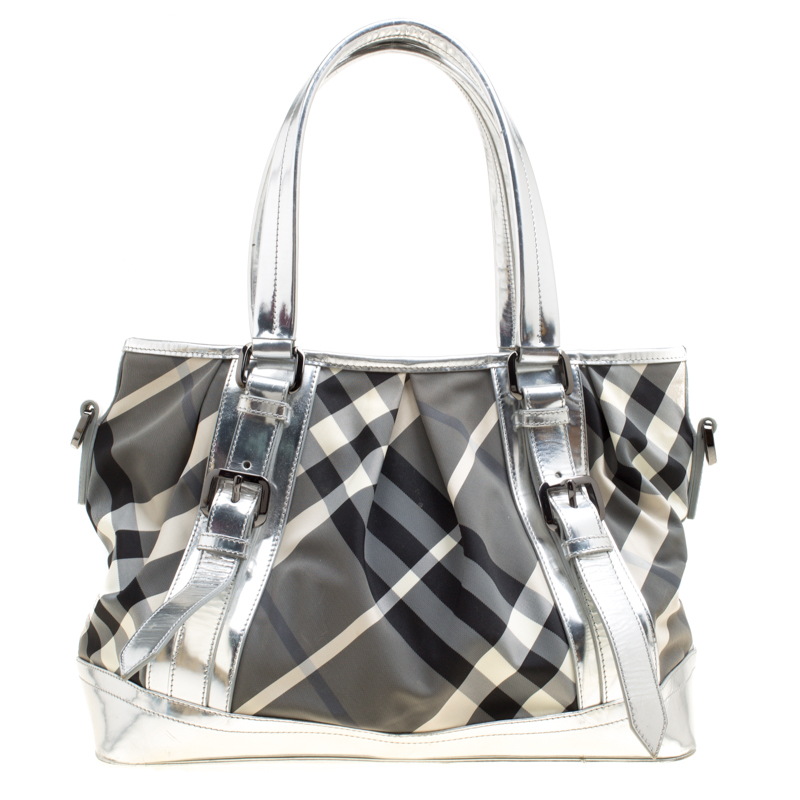 Burberry Silver Beat Check Nylon And Patent Leather Medium Lowry Top Handle  Bag