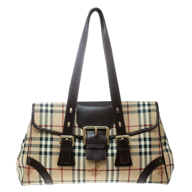 Pre Owned Burberry Beige/Brown Haymarket Check Canvas and Leather Satchel