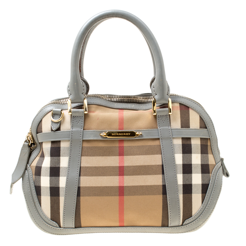 Pre Owned Burberry Grey House Check Fabric and Leather Orchard Bowler Bag