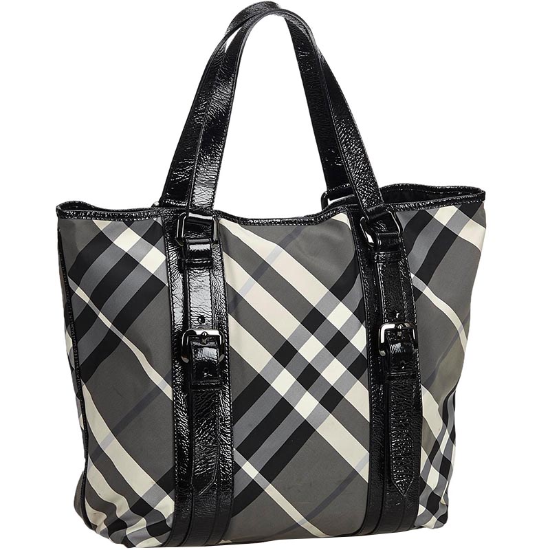 

Burberry Black/Gray Plaid Nylon and Leather Tote