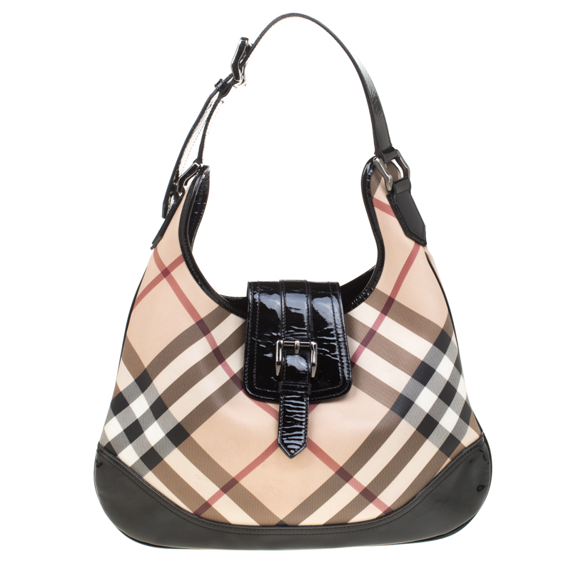 Pre Owned Burberry Black/Beige Nova Check PVC and Patent Leather Brooke Hobo