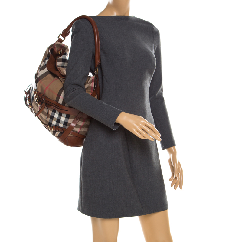 

Burberry Brown House Check Canvas Medium Bridle Gosford Hobo, Blue