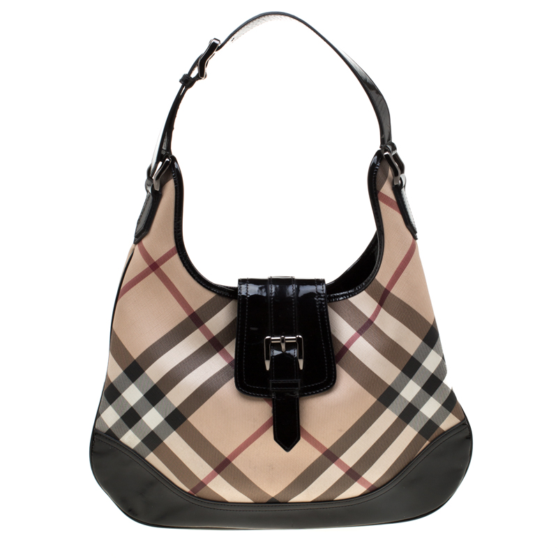 Pre Owned Burberry Black/Beige Nova Check PVC and Patent Leather Brooke Hobo