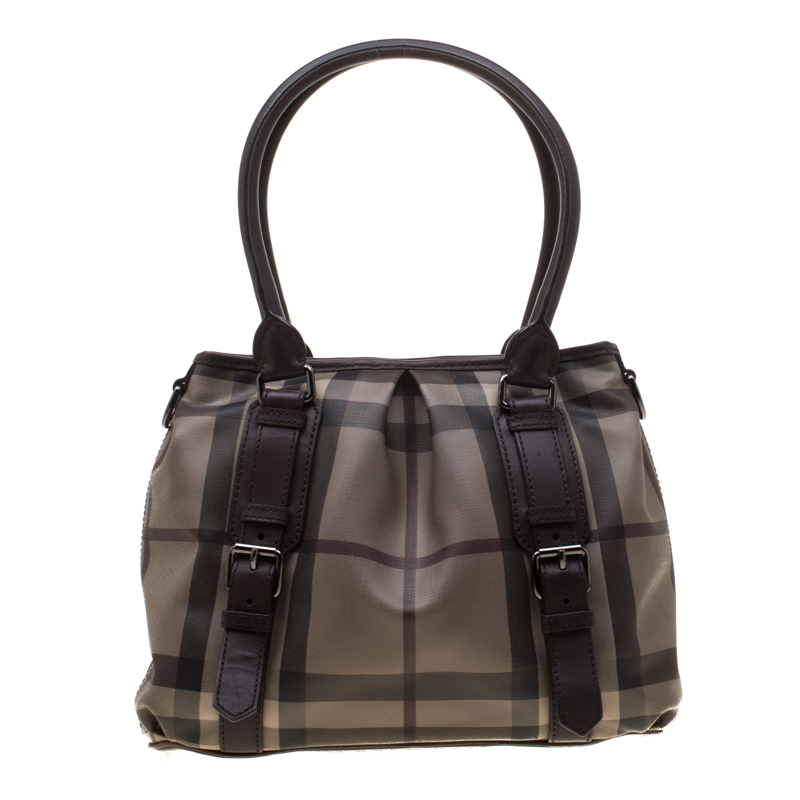 Pre Owned Burberry Brown Smoked Check PVC and Leather Lowry Tote