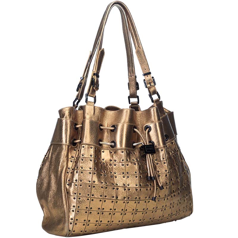 

Burberry Gold Leather Warrior Drawstring Tote Bag