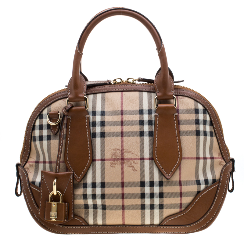 Burberry Brown Haymarket Check PVC and Leather Dome Satchel