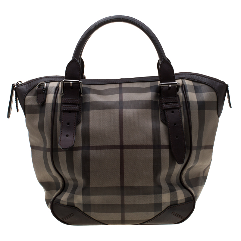 مملوكة مسبقًا Burberry Dark Brown Smoked Check PVC and Leather Satchel