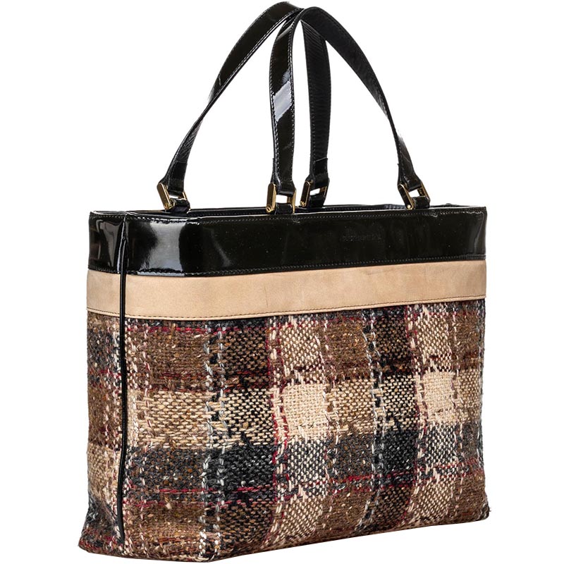 

Burberry Black/Brown House Check Wool and Leather Tote, Multicolor