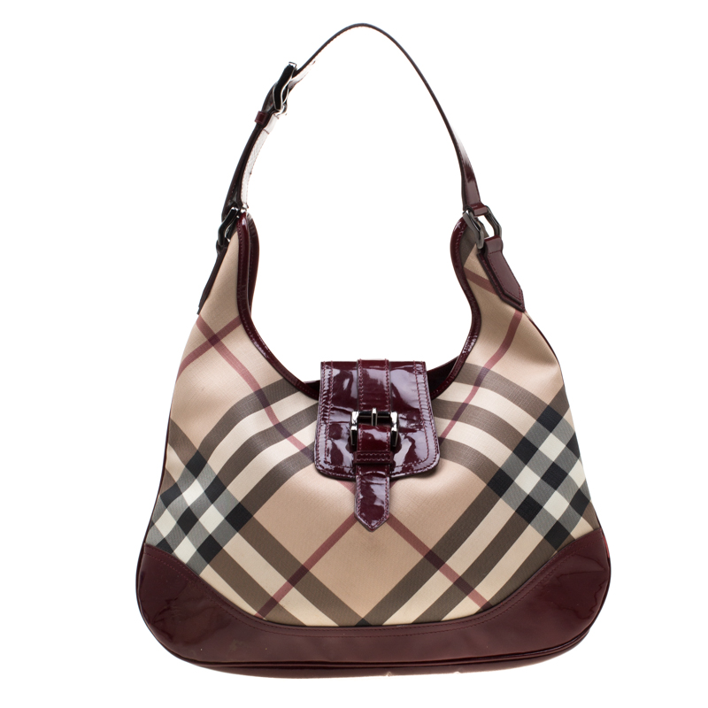 Pre Owned Burberry Burgundy/Beige Nova Check PVC and Patent Leather Brooke Hobo