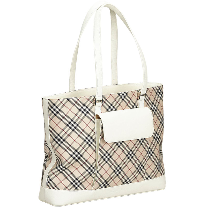 

Burberry White Leather and Nova Check Cotton Fabric Tote, Multicolor