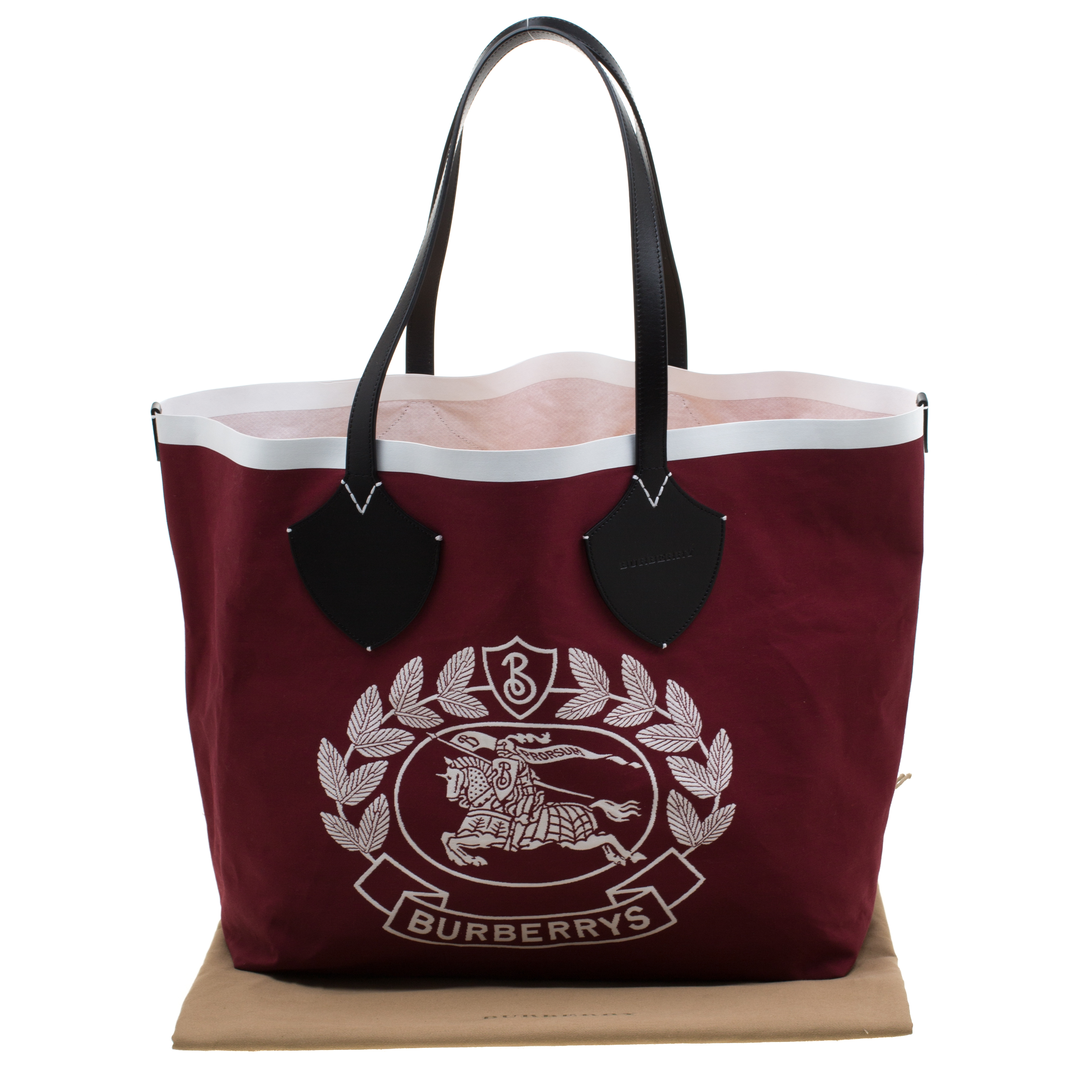 BURBERRY Cotton Canvas Calfskin Large Society Tote Bag Black Burgundy  1293035