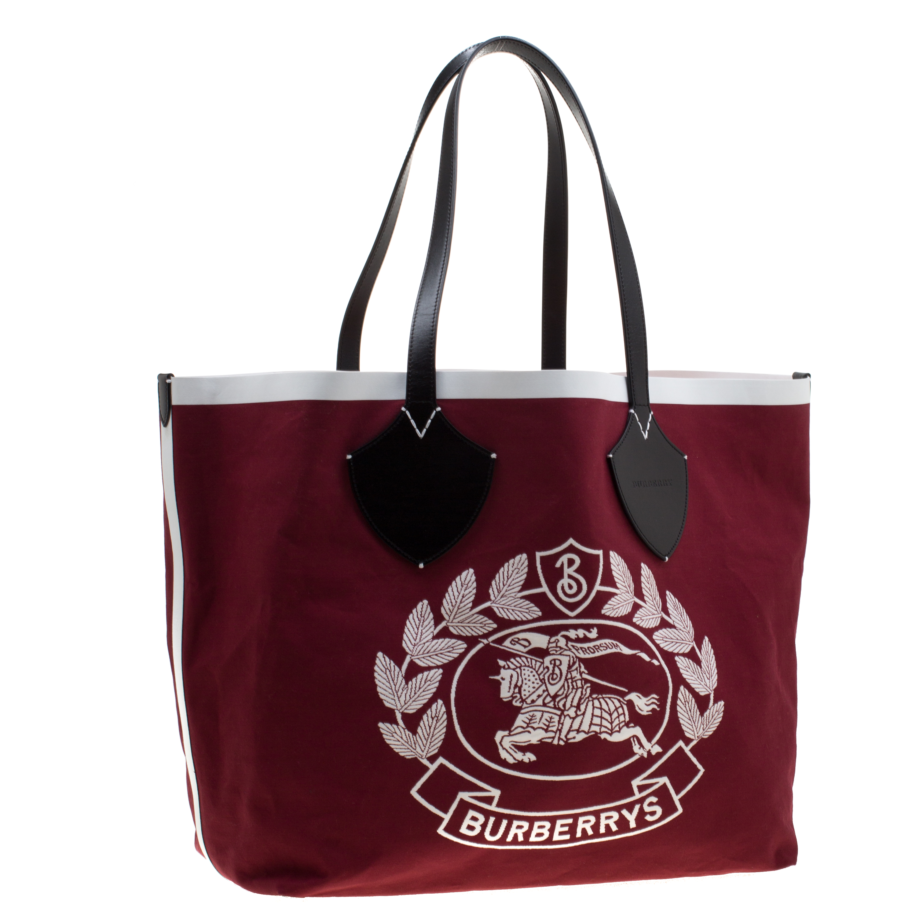 BURBERRY Cotton Canvas Calfskin Large Society Tote Bag Black Burgundy  1293035