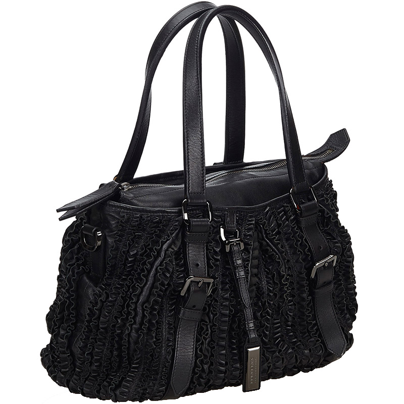 

Burberry Black Patent Leather Lowry Ruffled Tote
